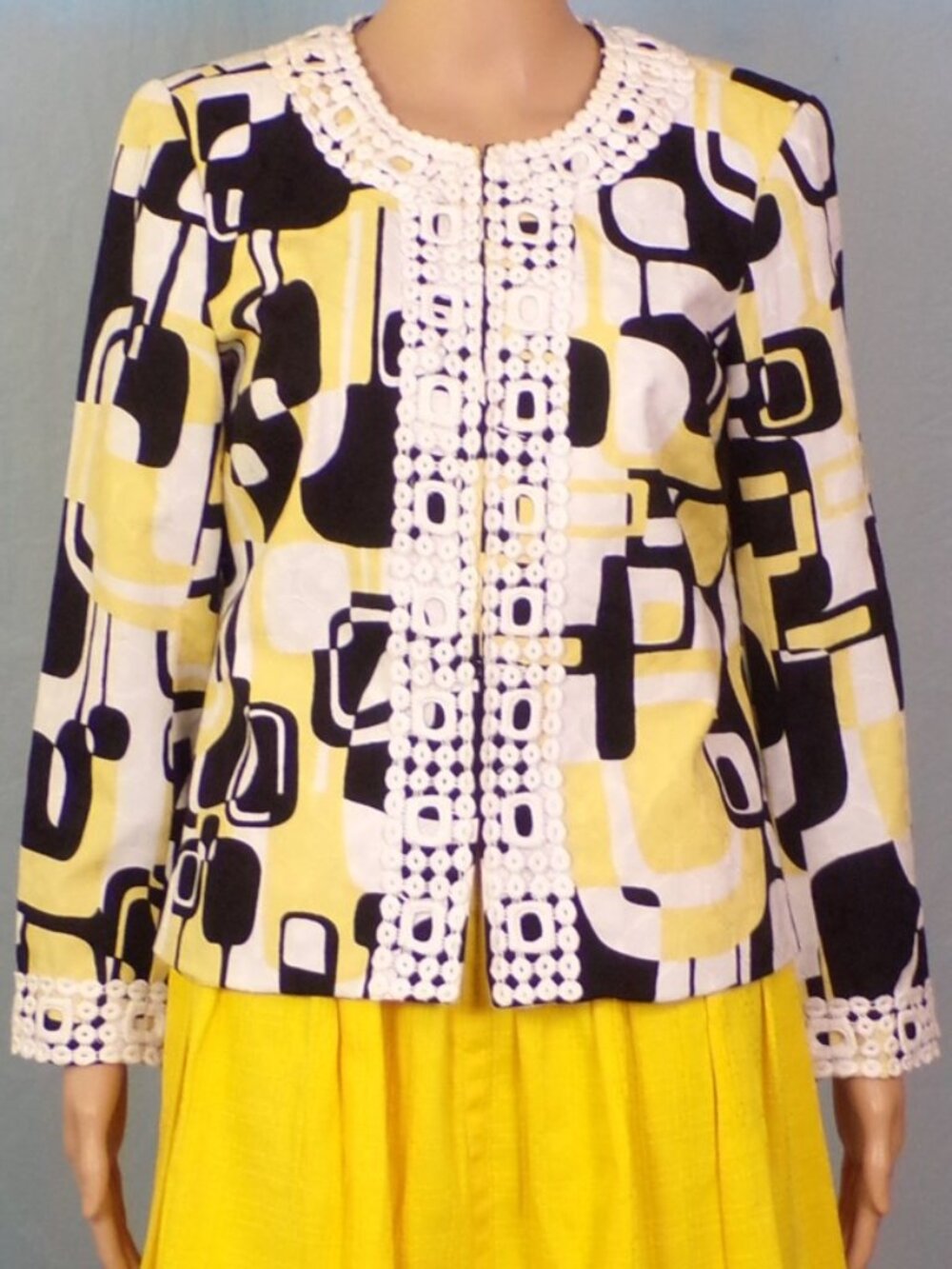 TRENZ PETITE BY THERESA RENZ size PM black/white/yellow blazer 100% cotton DC